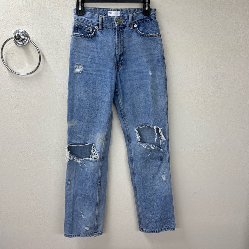 Zara light washed high rise straight legged jeans with distressing